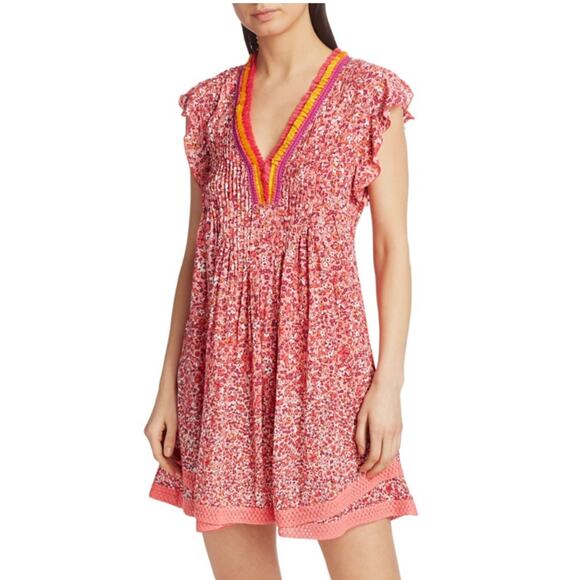 POUPETTE ST BARTH Sasha Floral Mini Dress Cover-Up Lace Fringe Pink Glory XS - Picture 1 of 11
